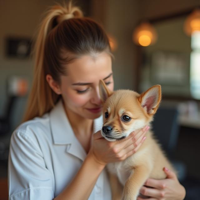 Groomer cuddling puppy