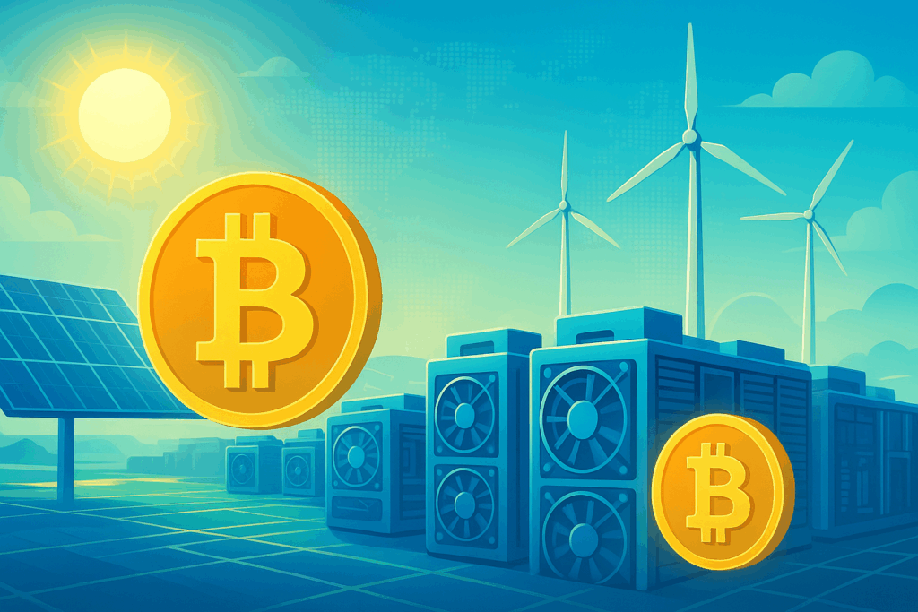 Futuristic Bitcoin mining farm with renewable energy and blockchain visuals