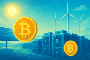 Futuristic Bitcoin mining farm with renewable energy and blockchain visuals