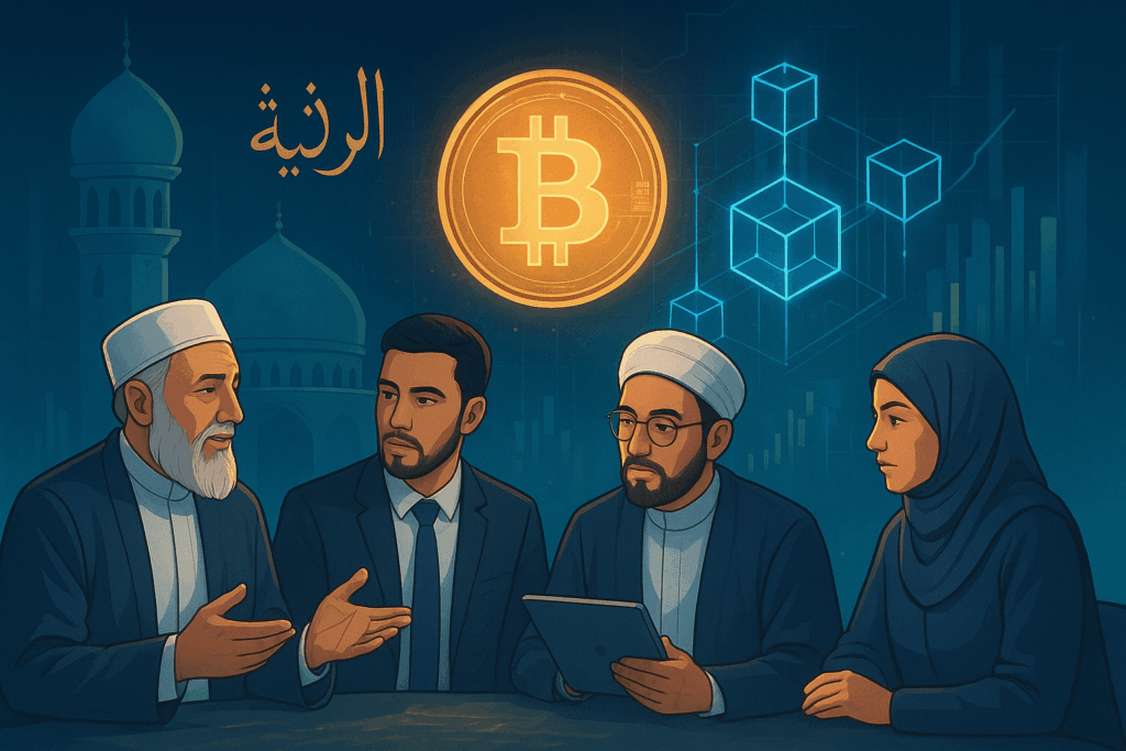 Islamic scholars discussing cryptocurrency under Sharia law with digital blockchain visuals in the background.