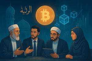 Islamic scholars discussing cryptocurrency under Sharia law with digital blockchain visuals in the background.